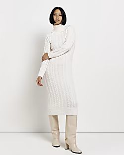 Cream long sleeve cable maxi jumper dress | River Island (UK & IE)