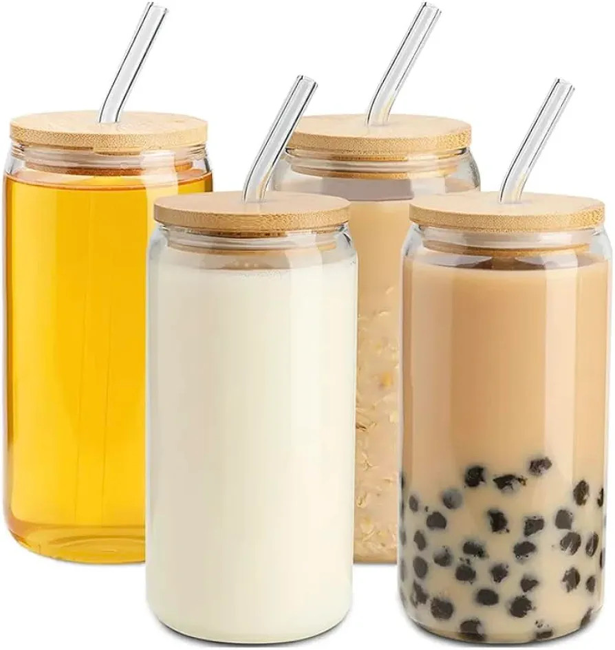4 Pack Reusable Set Clear Sublimation Glass Cups Blanks with Bamboo Lid and straw 16 OZ Clear Gla... | Amazon (US)