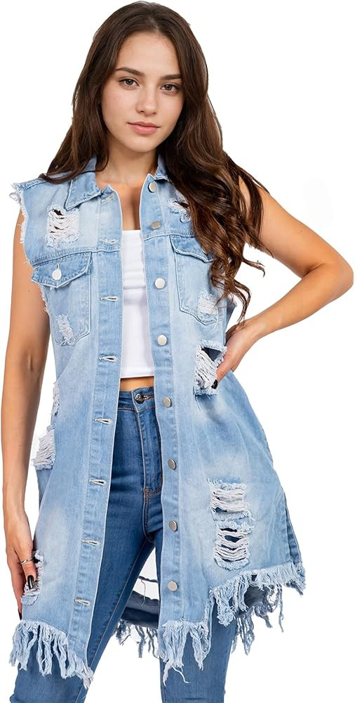Songling Women's Distressed Ripped Sleeveless Mid Long Denim Jacket Jean Vest Cardigan Coats | Amazon (US)
