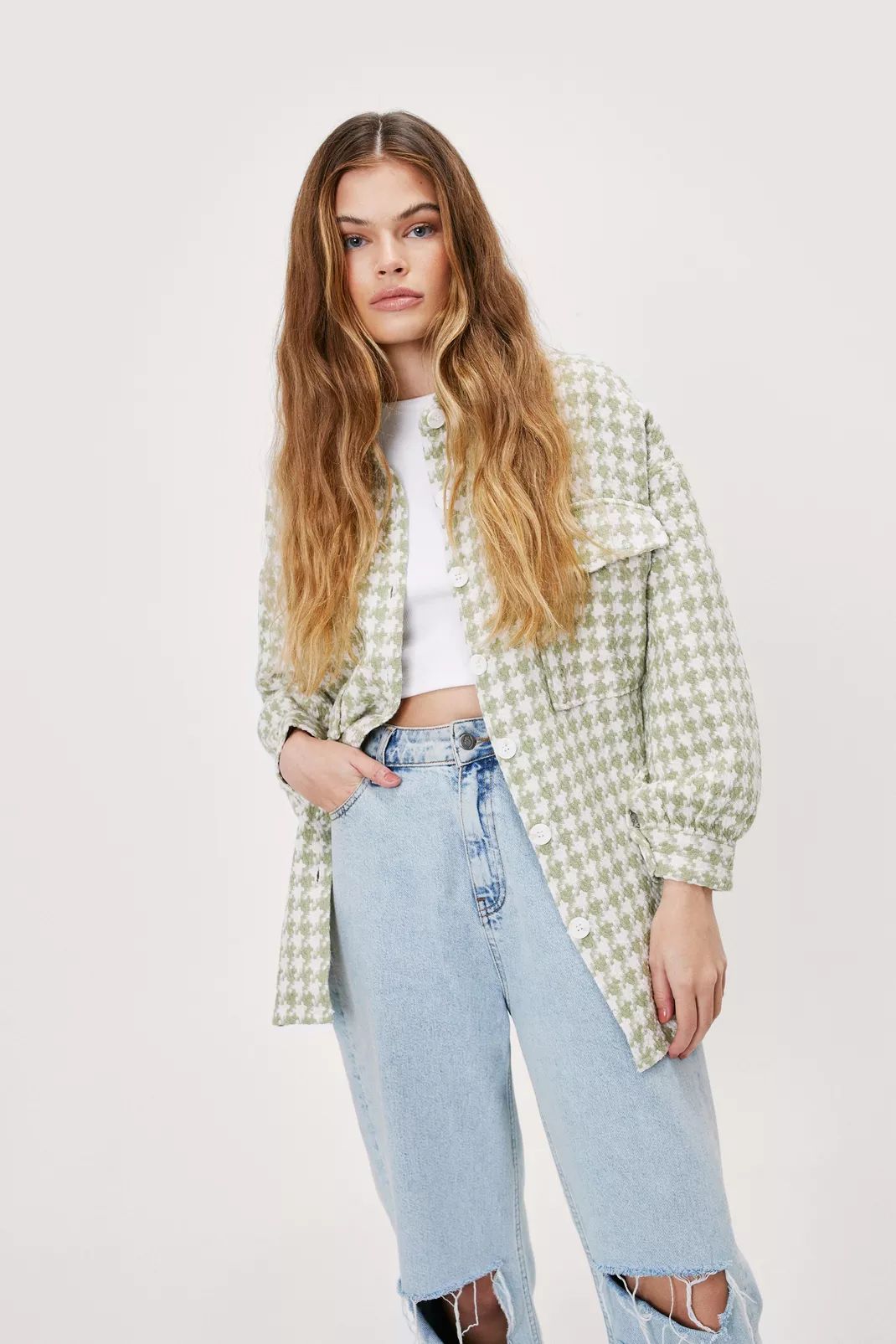 Long Sleeve Houndstooth Print Shirt Jacket | Nasty Gal (US)