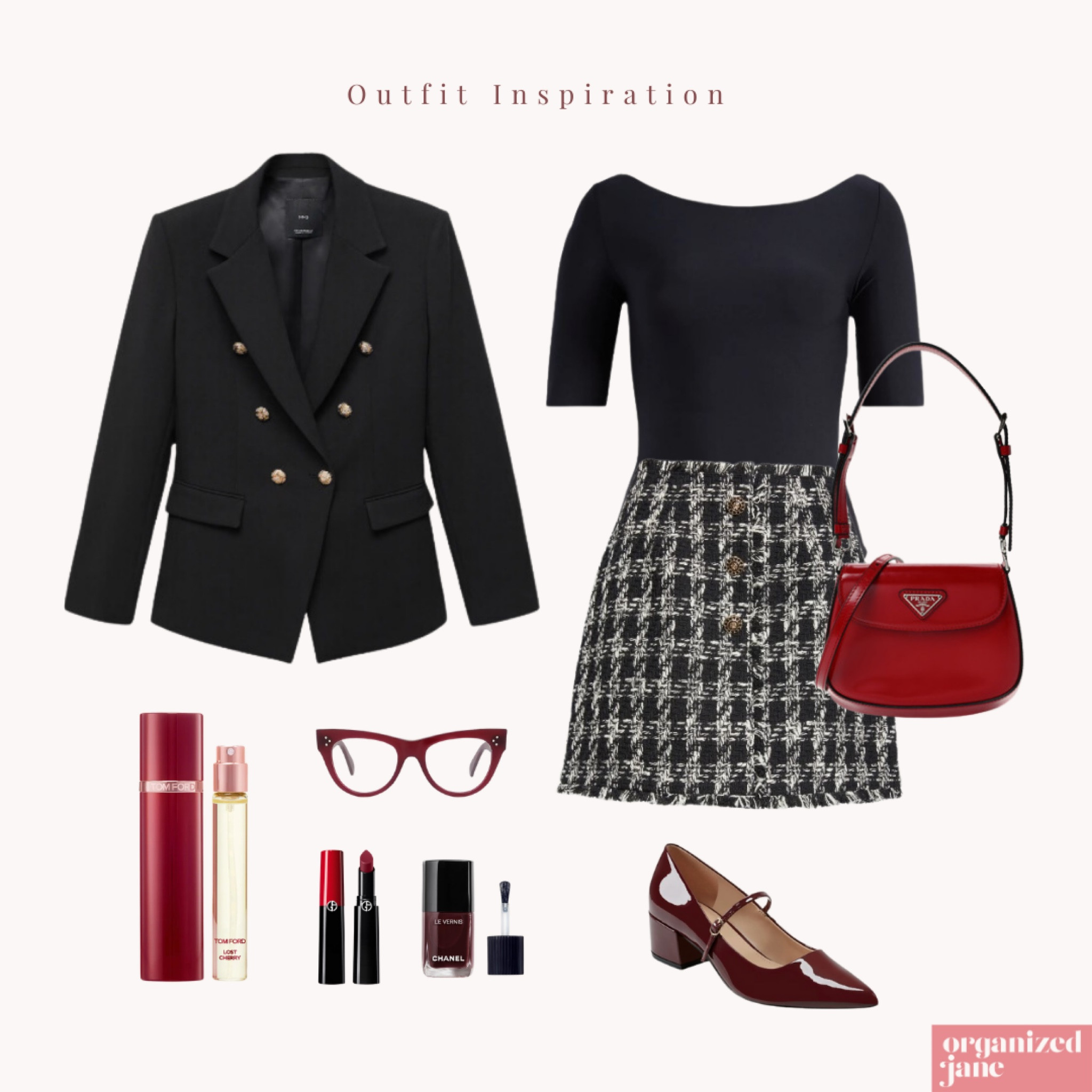 Achieve timeless style with this chic classic outfit! 🖤 A tailored black blazer and tweed skirt create a sophisticated, polished look. Add a hint of a spicy fragrance and a bold red lip for refined sophistication. 👠🖤 #ChicStyle #TimelessFashion #OrganizedLiving #OrganizedJane