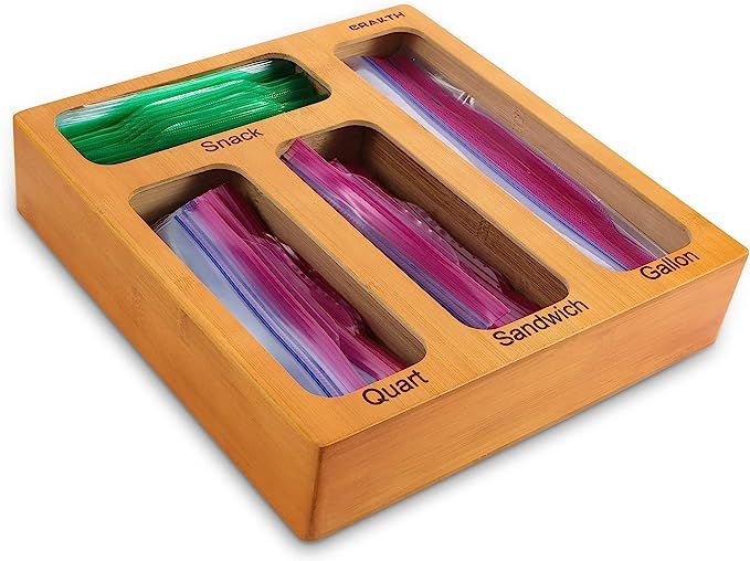 CRAKTH Bamboo Food Ziplock Bag Storage Organizer for Drawer, Baggie Organizer Compatible With Zip... | Amazon (US)