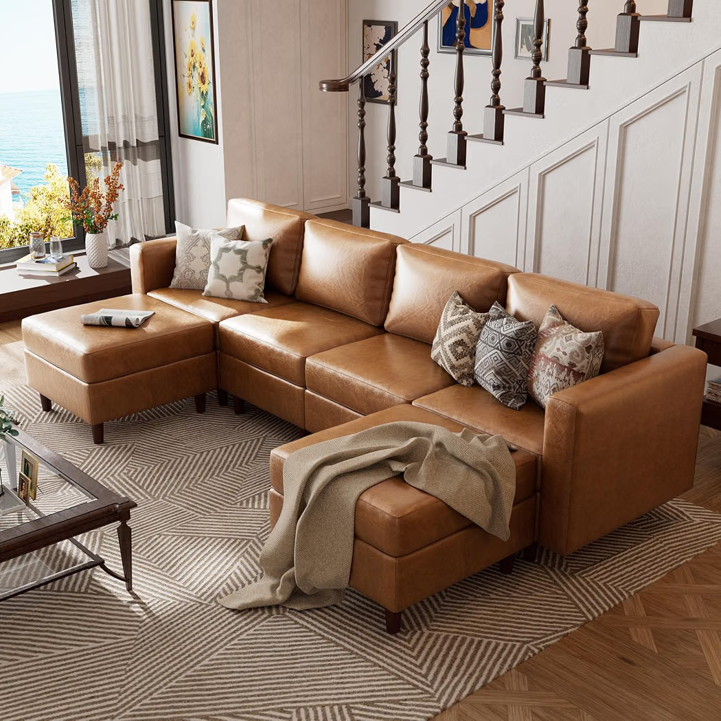Oversized Modular Sectional Couch, 118.5" Faux Leather 6 Seater U Shaped Sofa with Movable Ottoma... | Amazon (US)