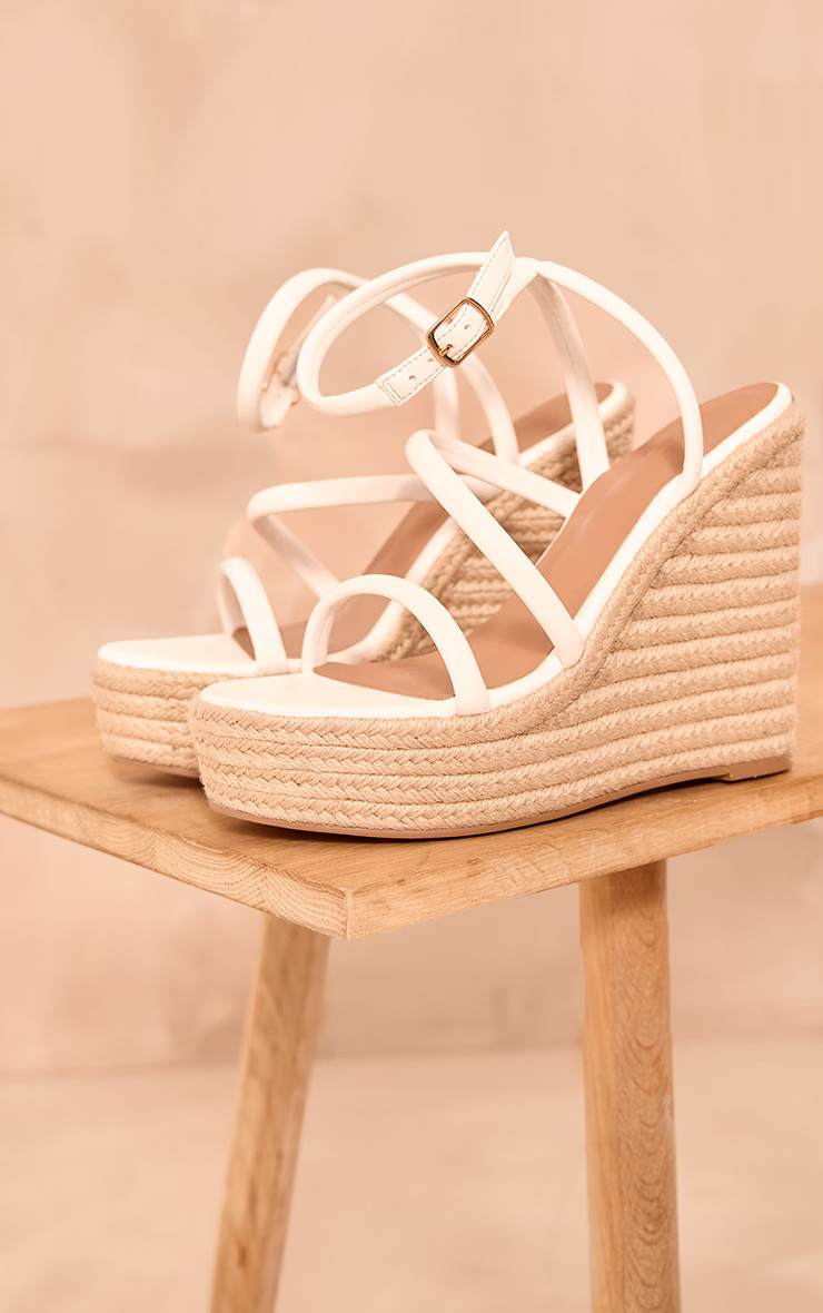 White Wide Fit Pu Round Toe Asymmetric Strap Platform Heeled Wedges | PrettyLittleThing UK