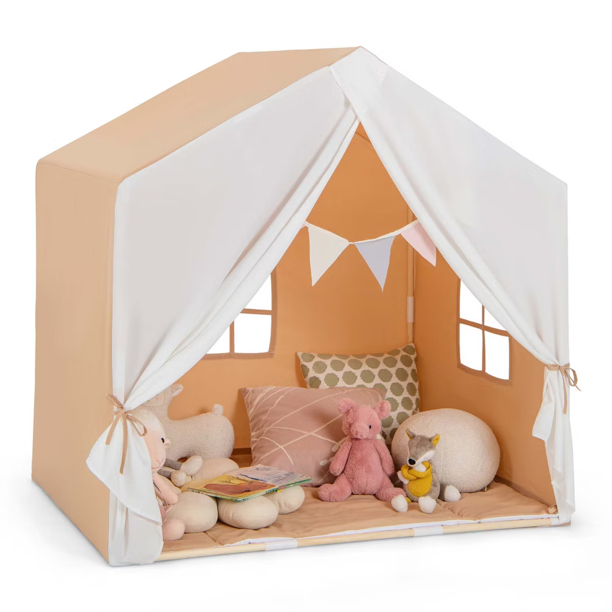 Costway Kid's Play Tent Toddler Playhouse Castle Solid Wood Frame with Washable Mat Orange/Pink | Target
