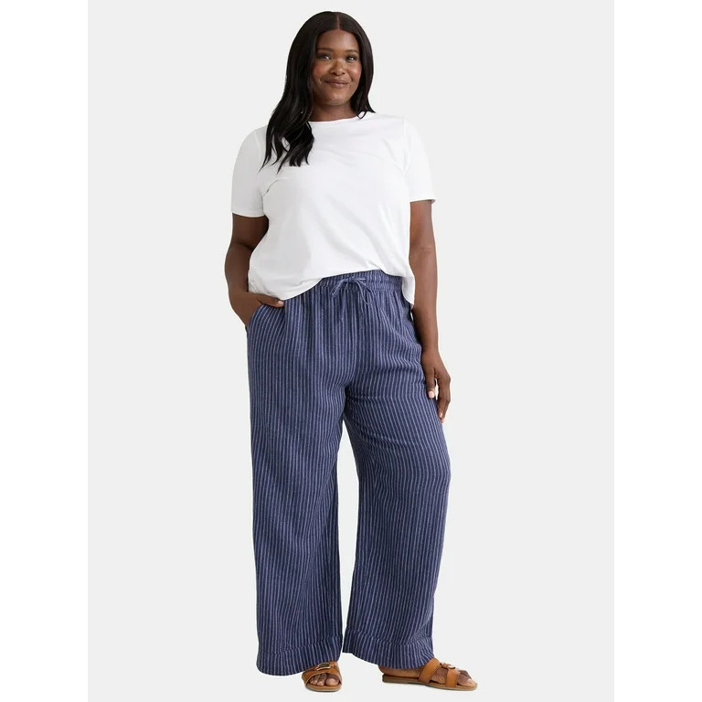 Time and Tru Women's and Women's Plus Wide Leg Linen Blend Pants, 29" Inseam, Sizes XS-4X | Walmart (US)