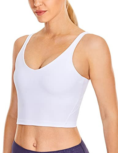 CRZ YOGA Womens V Neck Workout Tank Tops with Built in Bras - Cropped Padded Athletic Longline Sports Bra White Medium | Amazon (US)
