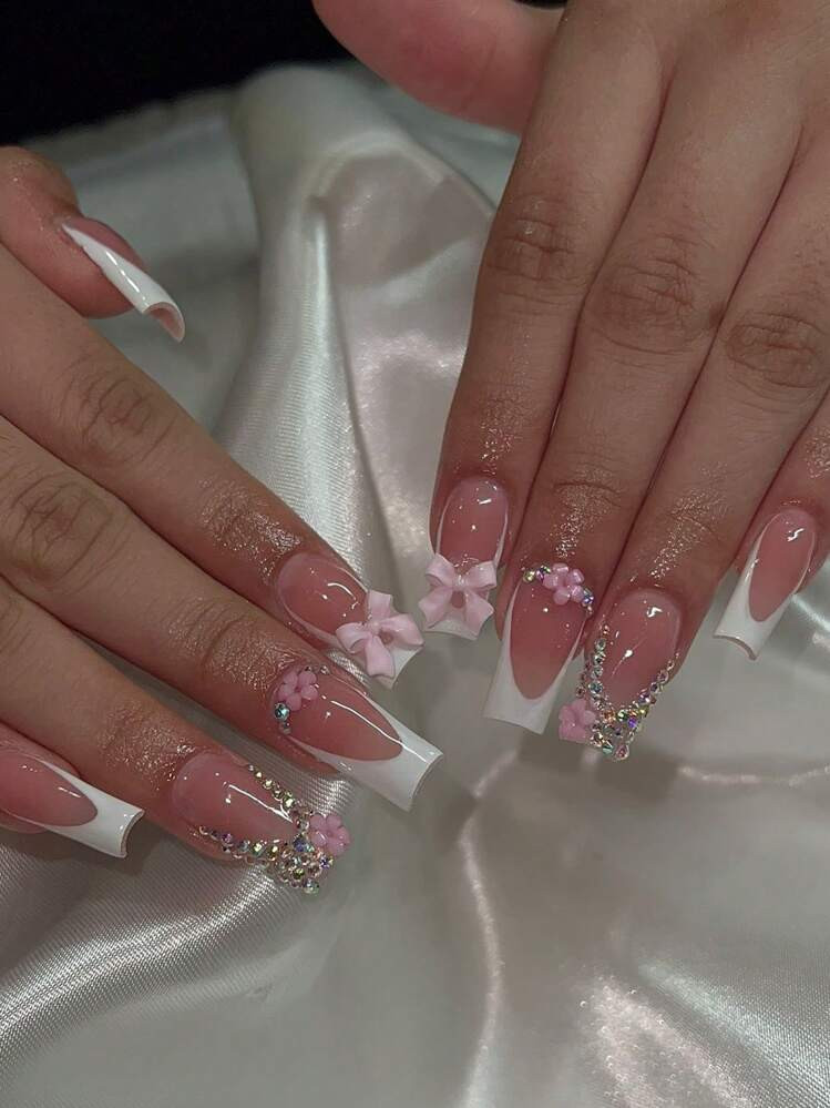 24Pcs Medium And Long Square Press-On Nails Cute Style White French 3D Three-Dimensional Pink Bow Colorful Flash Rhinestone 3D Pink Flower Rhinestone Fake Nail Suit (With 1 File 1 Jelly Gel) Suitable For Women'S Daily And Party Wedding Press On Nails Nail Supplies Nails | SHEIN