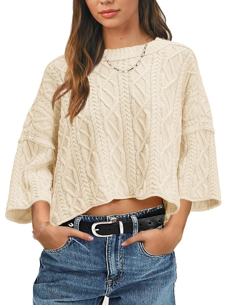 Saodimallsu Womens Cable Knit Cropped Sweaters Oversized 3/4 Sleeve Crew Neck Fall Casual Pullove... | Amazon (US)
