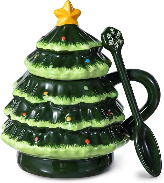 eUty 6.5''H Ceramic Christmas Tree Mug, 16 OZ Christmas Tree Shaped Mug with Lid and Spoon, Xmas ... | Amazon (US)