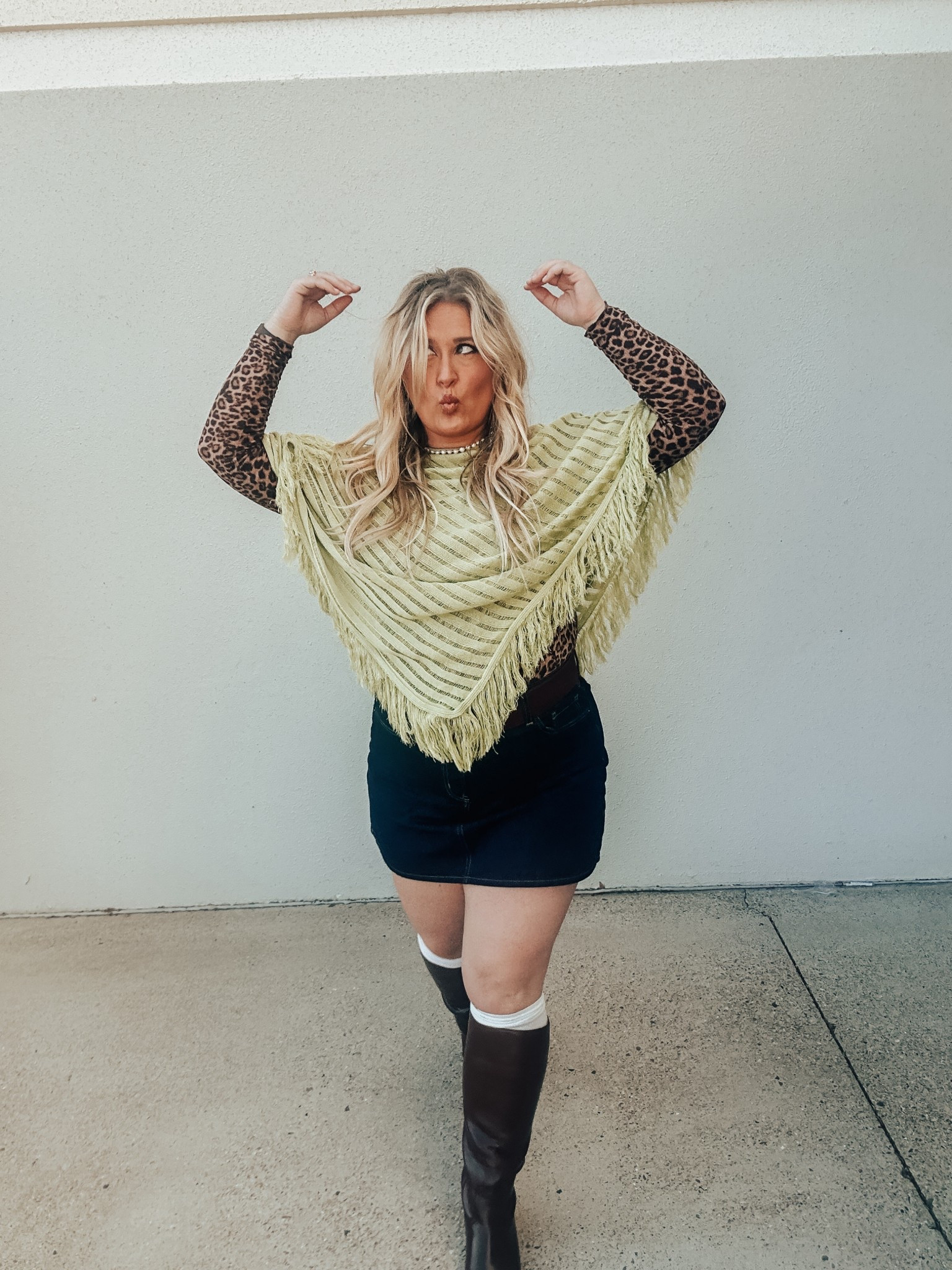 #fallfashion #poncho #cheetah #leopard #miniskirt #denimskirt #outfit #boots 

#LTKMidsize #LTKootd #LTKmomlife