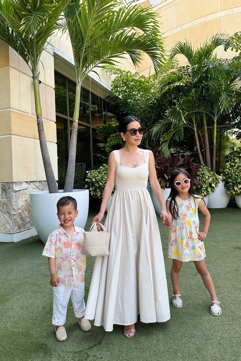 Vacation family style:

On me:
• J. Crew dress xxs - fit me as full length and I took in the straps shorter about half an inch to lift it. more of a pale beige color with a very full cotton skirt and pockets. The shelf bra is slightly see through so I wear nippies under. 

• Schutz clear slides 5.5. Super comfy I’ve worn these for years 

• Naghedi mini size bag

• Nordstrom $15 sunnies

On Rio:
• H&M shirt 4T

• Linen pants 3T

• Waterproof loafer shoes 

On Nori:
• H&M dress (too small for her buit she wanted to match)

• Waterproof jelly sandals. We loved the Amazon pair linked for many years until she outgrew the sizing, and now we buy the Luisa via Roma pair . Love that these two brands make snap closure for easy on and off

#petite friendly vacation outfits summer family photos 


#LTKtravel #LTKfamily #LTKkids