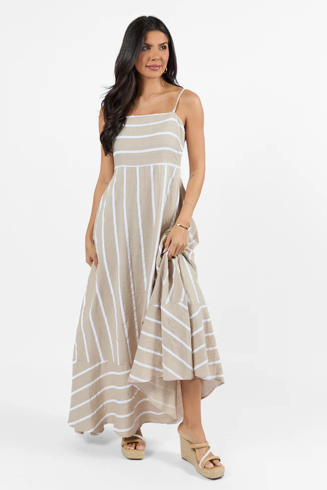 Come Sail Away Neutral Striped Midi Dress | Pink Lily