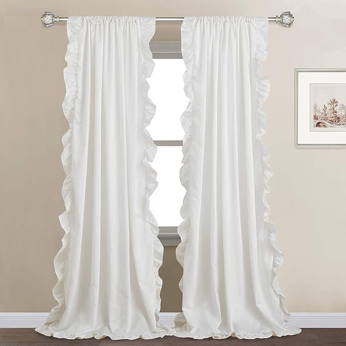 StangH White Curtains 95 inches Long with Shabby Chic Ruffle Trim, Faux Silk Opaque Panels for Ba... | Amazon (US)