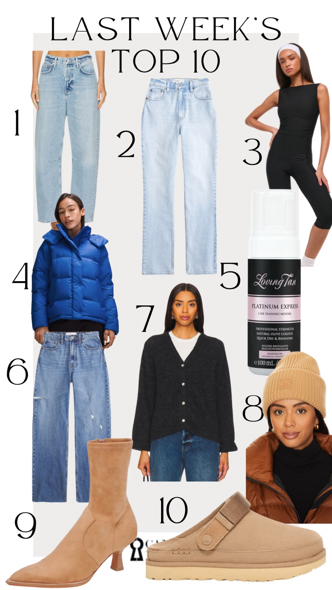 Last weeks best sellers!
1. The most gorgeous basic jeans that will go with so much! Wearing 24
2. I love these jeans and they’re still on amazing sale!!
3. Loving this capris onesie. Wearing xs
4. This jacket has been a best seller a lot and is such a staple for the winter months
5. The tanning mousse I use
6. Another Abercrombie Jean on crazy sale!!
7. Coziest cardigan sweater! Wearing small
8. Loving this beanie
9. These boots are still on the best sellers list and still on sale!
10. These uggs are a must! So comfy and cute

#LTKFindsUnder100 #LTKSaleAlert #LTKStyleTip
