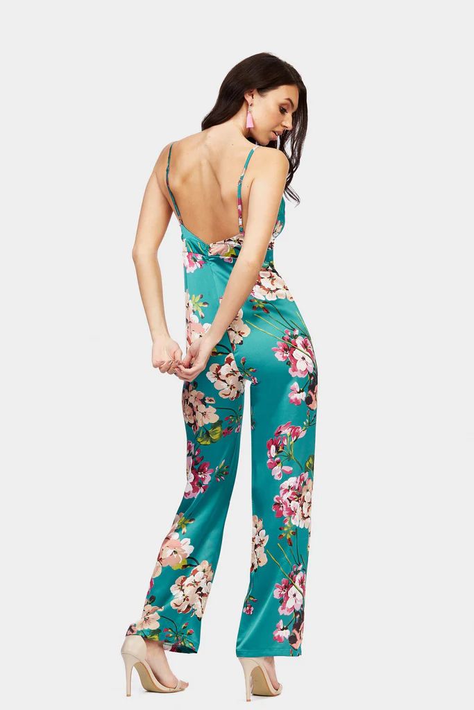 Green Satin Printed Floral Wide Leg Jumpsuit | Look Of The Day