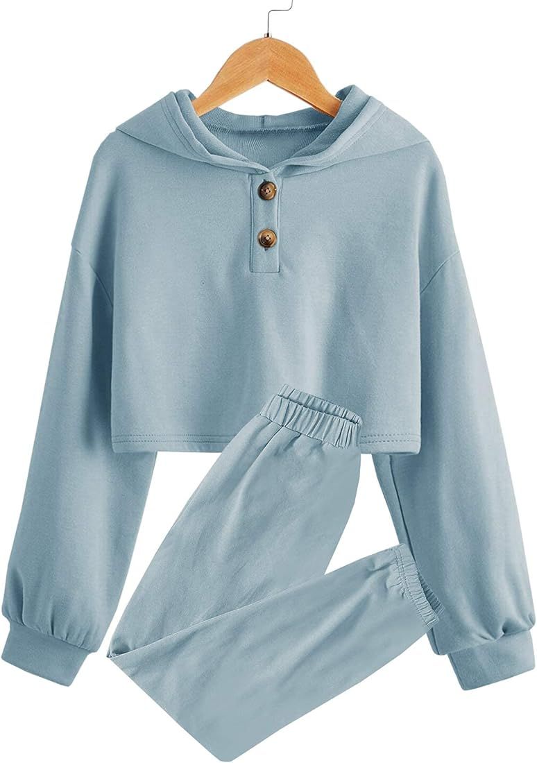Kids Girls 2 Pieces Outfits Long Sleeve Cropped Hoodie and Sweatpants Set Plain Button Down Pullover | Amazon (US)