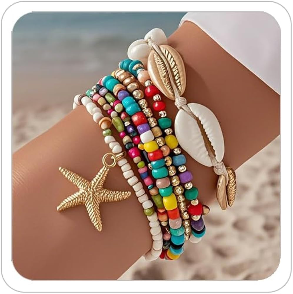 Pulseras bohemias de estrella de mar para mujer, pulseras de playa apilables ajustables, hechas a... | Amazon (US)