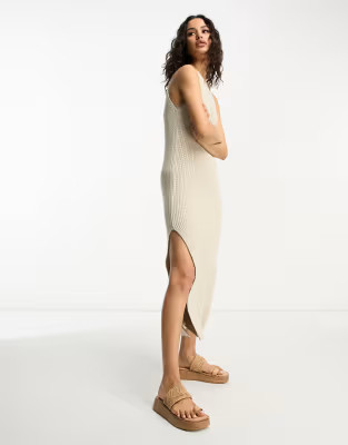 ASOS DESIGN knit halter neck maxi dress in stone | ASOS (Global)