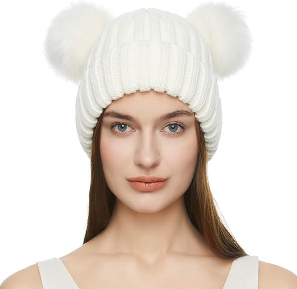 Winter Beanie Hat for Women Knitted Double Pom Pom Faux Fur Raccoon Ball Cap Bobble Skull Hat | Amazon (US)