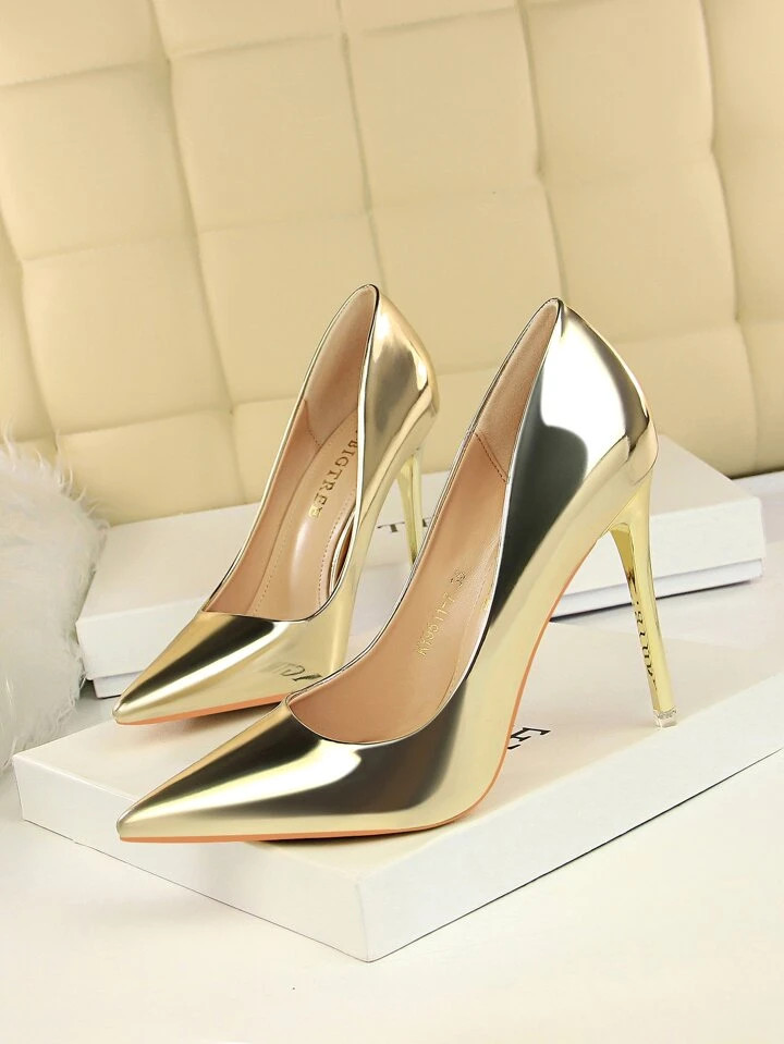 Fashionable Metallic High Heels, Pointed Toe Sexy Clubwear Slip-On Pumps For Women, Slim Silhouet... | SHEIN