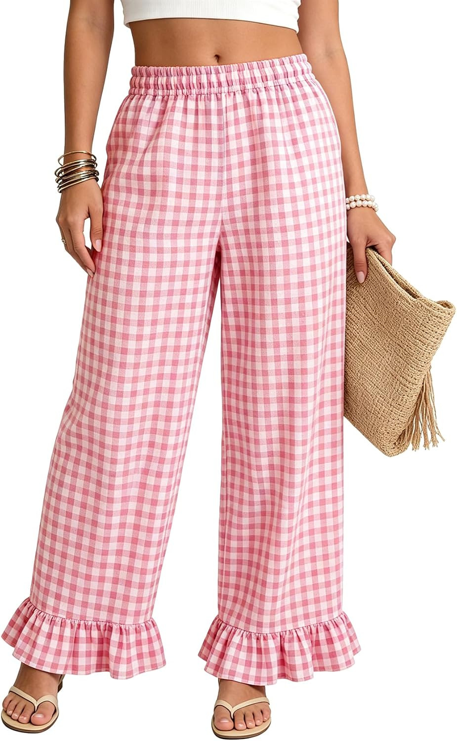 Flygo Womens Gingham Pants Cotton Wide Leg Ruffle Lounge Trousers | Amazon (US)