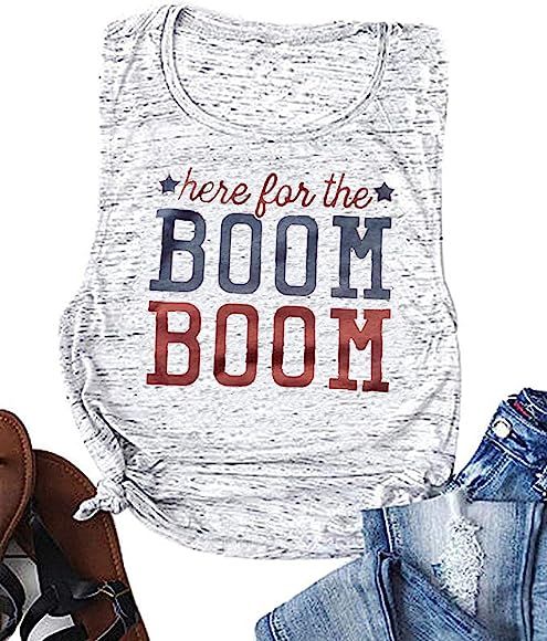 Amandon Women's Here for The Boom Tanks Tops 4th of July Graphic Tee Patriotic Independence Day Slee | Amazon (US)