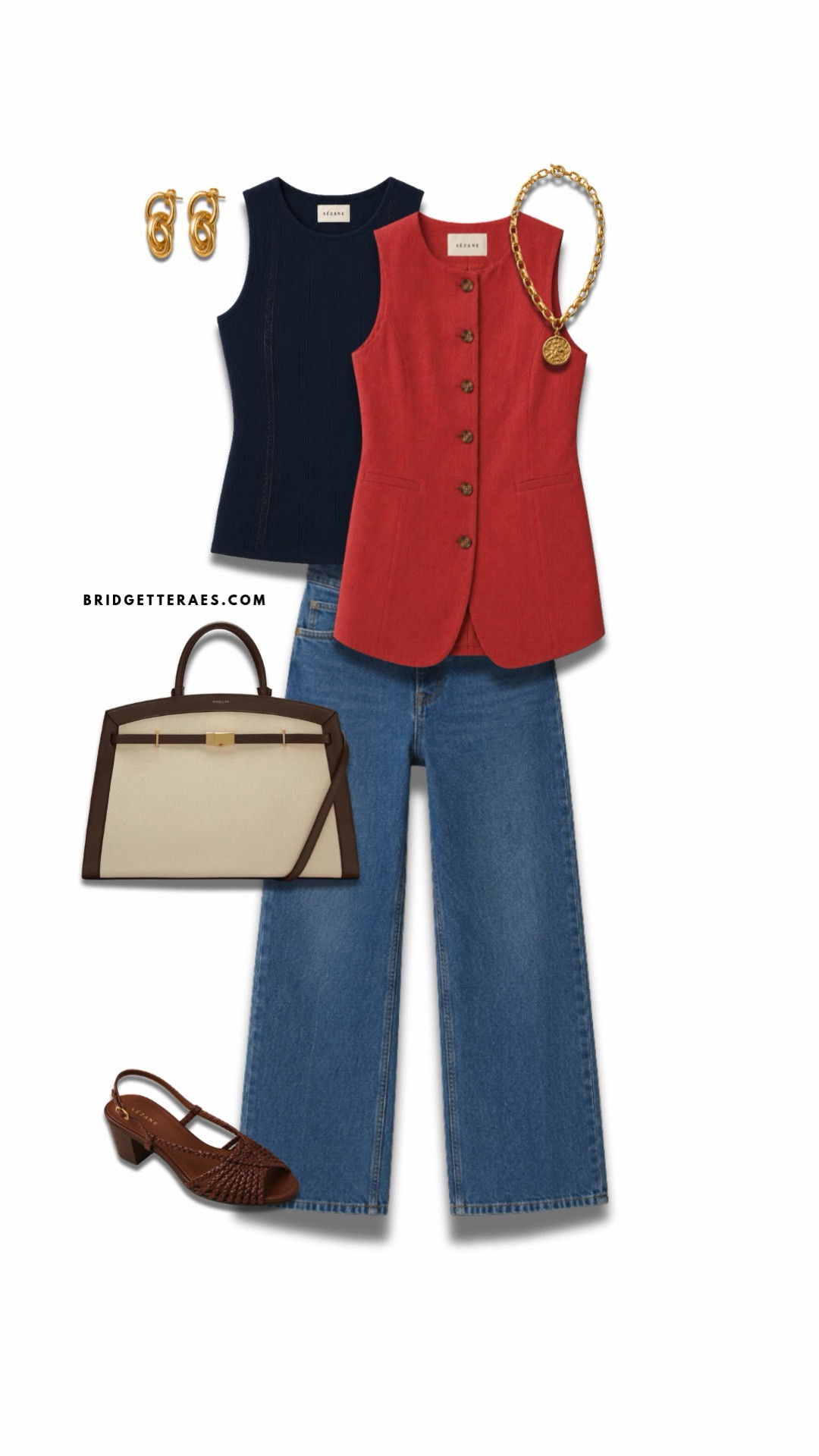 This outfit is a masterclass in balancing bold color with timeless sophistication. The rich coral-red vest instantly becomes the focal point, bringing warmth, personality, and polish to the look while the navy sleeveless knit underneath grounds the palette with a classic, refined touch. Relaxed wide-leg denim keeps the outfit approachable and modern, creating an effortless high-low mix that feels equally appropriate for creative offices, client lunches, weekend events, or casual networking. The structured cream-and-cognac handbag echoes the warm tones of the woven leather sandals, creating cohesion throughout the outfit while adding a subtle luxury feel. Gold statement earrings and a vintage-inspired medallion necklace elevate the ensemble further, bringing just the right amount of shine without competing with the strong color story. What makes this look especially successful is the interplay of tailored structure, relaxed denim, and rich accessories—creating an outfit that feels confident, intentional, and memorable while remaining comfortable enough to wear all day.

#LTKgrwm #LTKootd #LTKWorkwear