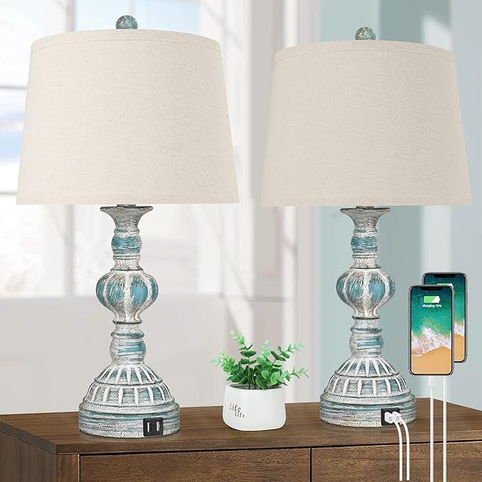 Farmhouse 3-Way Dimmable Touch Table Lamps with 2 USB Ports, Set of 2 Coastal Bedroom Bedside Rea... | Amazon (US)