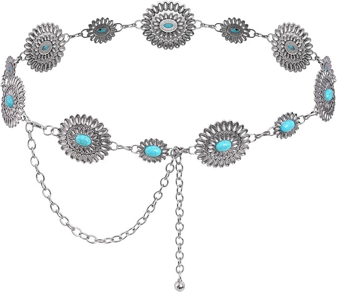 Western Oval Concho Chain Belt for Women Metal Waist Chain Belt for Dresses Jeans Western Cowgirl | Amazon (US)