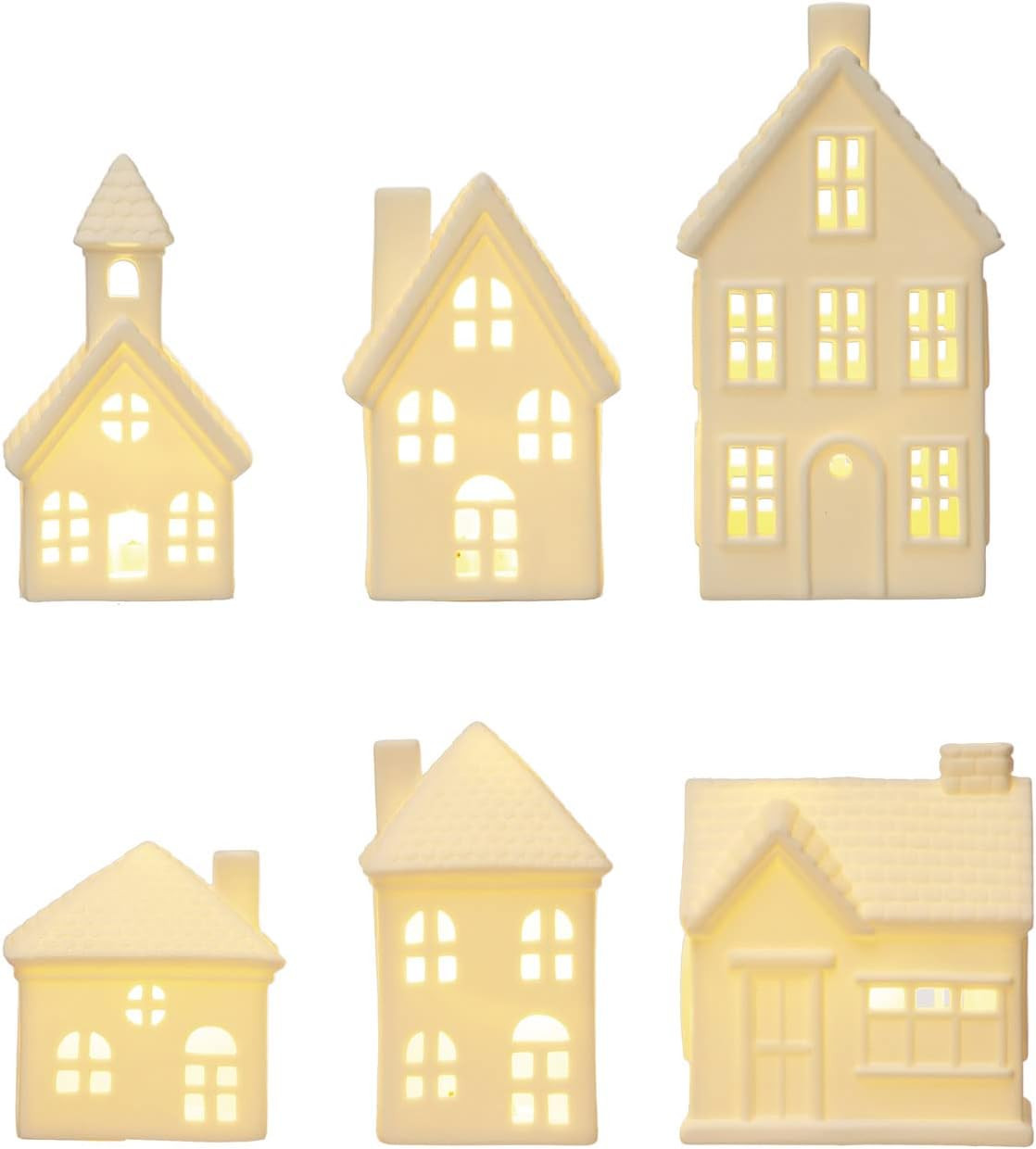 Creative Co-Op Stoneware Bisque Houses with LED Lights, White, Set of 6 | Amazon (CA)