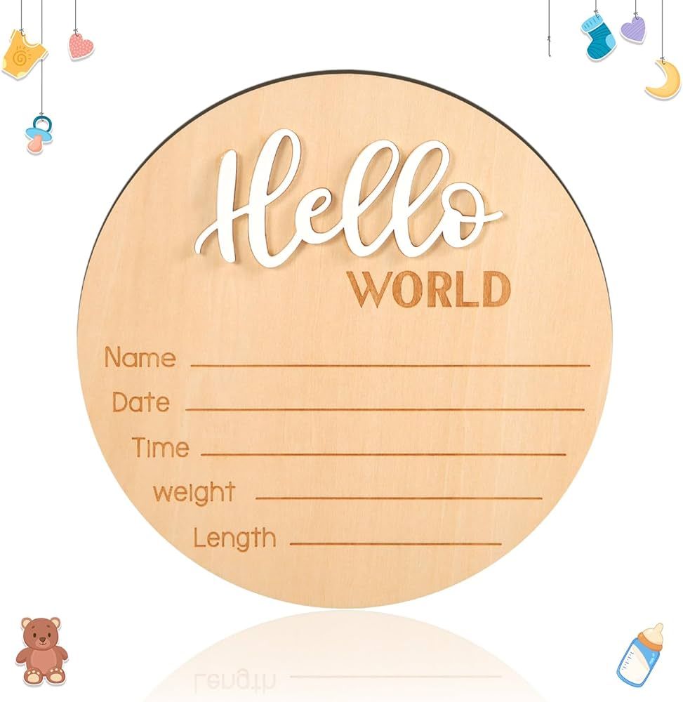 Baby Announcement Sign, 5.9 Inch Wooden Hello World Newborn Sign Birth Announcement Signs Baby Na... | Amazon (US)