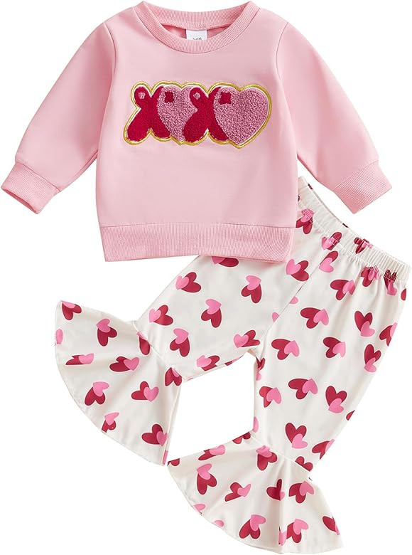 Toddler Baby Girl Valentines Day Outfit Crewneck Sweatshirt Bell Bottom Pants Valentine’s Day C... | Amazon (US)