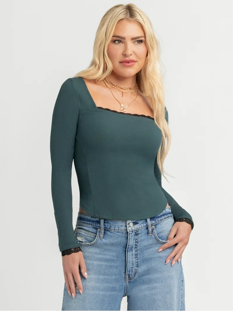 Jessica Simpson Women's and Women's Plus Aleera Ribbed Knit Top with Lace Trim, Sizes XS-4X | Walmart (US)
