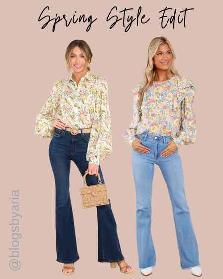 Spring Style Edit 🌸 floral spring tops. Spring outfit ideas. Flare denim jeans. Straw bags. Woven bags  

#LTKstyletip #LTKFind #LTKSeasonal