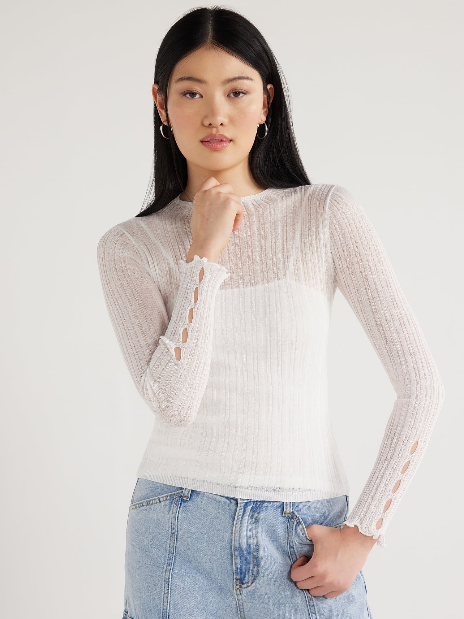 Scoop Women's Sheer Long Sleeve Sweater with Lining, Sizes XS to XXL - Walmart.com | Walmart (US)