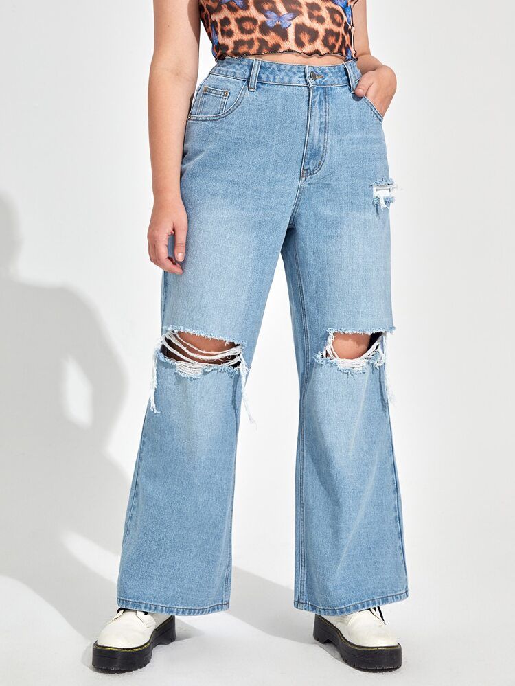 Plus High Waist Ripped Straight Jeans | SHEIN