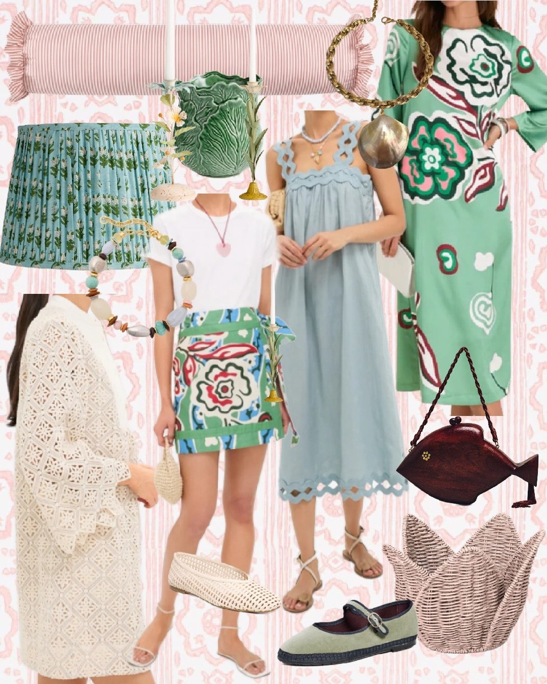 Soft pastels, playful prints, and vintage-inspired details 🌸
This edit is giving spring heirloom energy — scalloped trims, woven textures, and those charming statement accessories that make an outfit feel collected (not trendy). Perfect for garden parties, Easter weekends, brunch dates, and everyday moments that call for something special.

✨ Everything is linked on LTK — from the dresses and skirts to the accessories and shoes.

⸻

🛍️ SHOP THE LOOK
	•	Green floral midi dress
	•	Blue scalloped sleeveless dress
	•	Green printed mini skirt
	•	White puff-sleeve tee
	•	Cream lace midi skirt
	•	Crochet ballet flats
	•	Mary Jane espadrilles
	•	Woven straw tote bag
	•	Fish-shaped novelty handbag
	•	Beaded statement bracelet
	•	Gold sculptural pendant necklace
	•	Pleated floral lampshade (home accent)
	•	Green cabbage ceramic planter
	•	Pink striped bolster pillow

⸻

🌿 Style Notes

These pieces mix beautifully together — pair the printed skirt with a simple tee, add woven accessories, and let texture do the talking. It’s classic, feminine, and timeless with a wink.

⸻

🔎 HASHTAGS

#LTKSpring
#LTKStyle
#LTKFinds
#LTKHome
#GrandmillennialStyle
#ClassicWithA Twist
#SpringOutfitInspo
#EasterStyle
#GardenPartyStyle
#VintageInspired
#PreppyStyle
#FeminineFashion
#CoastalGrandmillennial

#LTKTravel