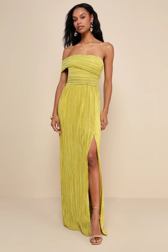 Poised Performance Chartreuse Plisse One-Shoulder Maxi Dress | Lulus