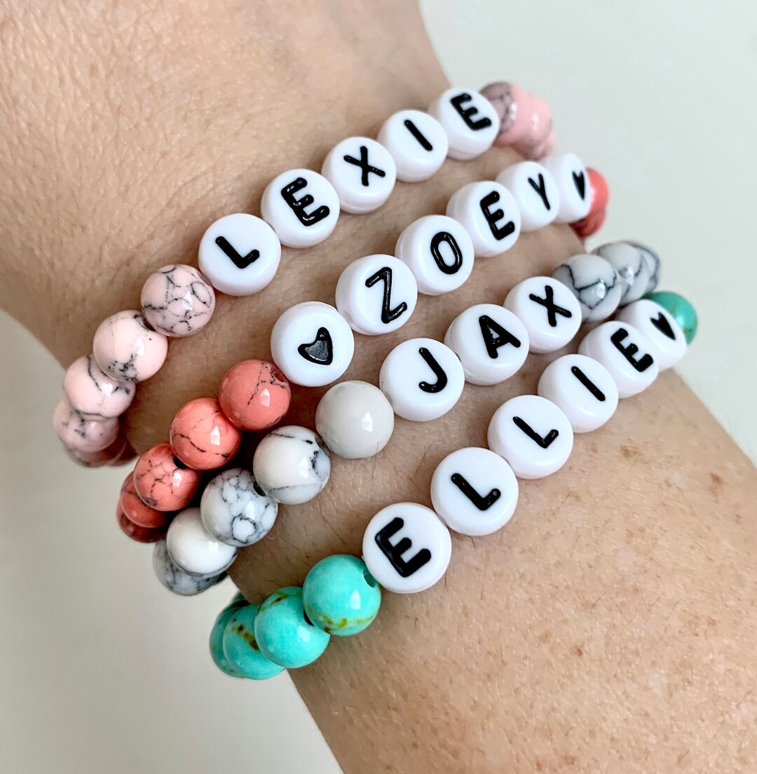 Personalized Beaded Name Bracelet Word Bracelet, Initial Bracelets, Stretch Mom Gift, White Marbl... | Etsy (US)