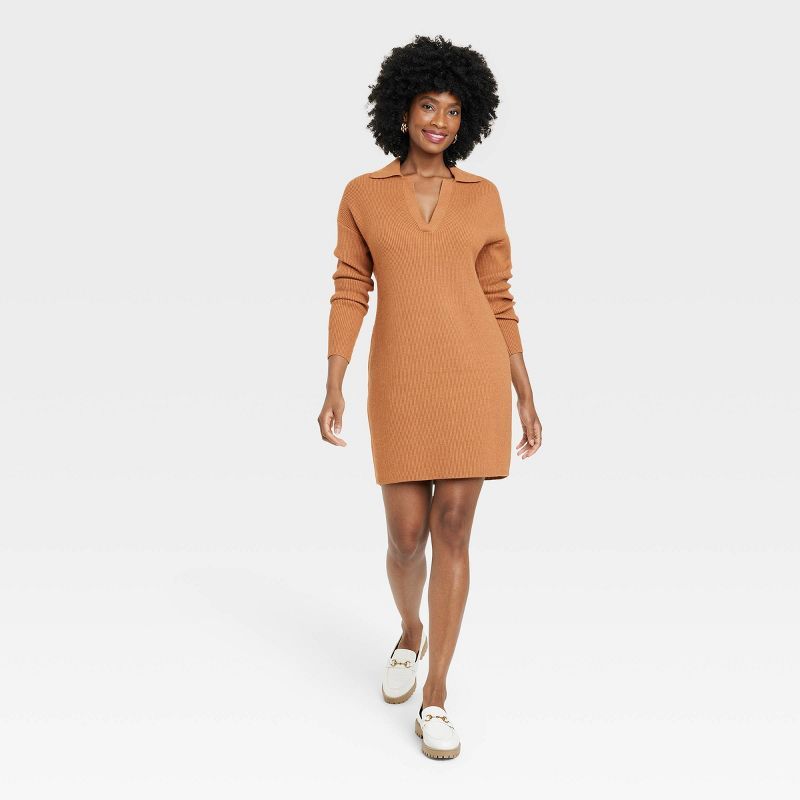 Women&#39;s Long Sleeve Polo Sweater Dress - A New Day&#8482; Brown S | Target