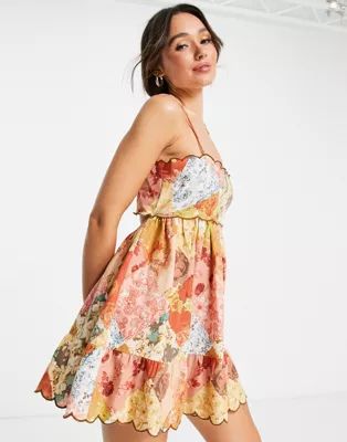 ASOS DESIGN scalloped edge cut-out back mini sundress in mixed patchwork floral | ASOS (Global)