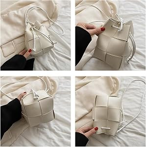 mothgel Women's Woven Bucket Bag Crossbody Handbag PU Square Lattice Drawstring Leather Small Sho... | Amazon (US)