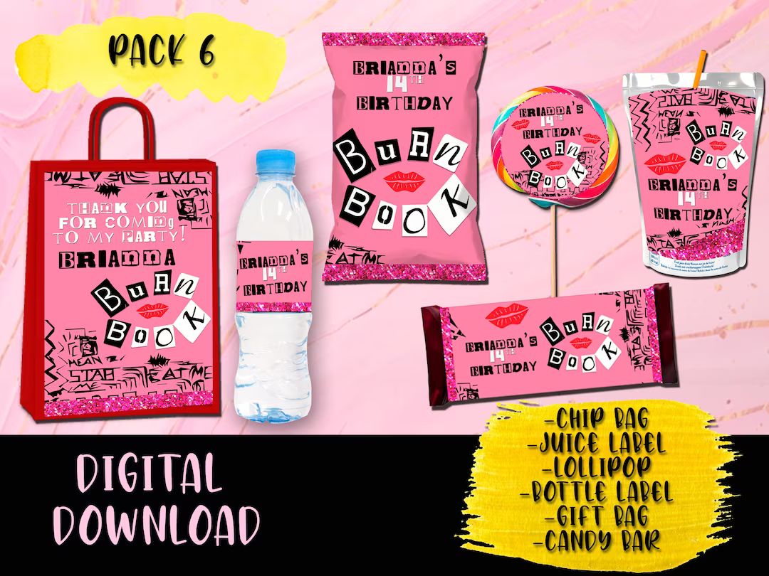 Mean Girls Burn Book Birthday Party Pack Chip Bag Lollipop Favor Bag Juice Water Bottle Candy Bar... | Etsy (US)