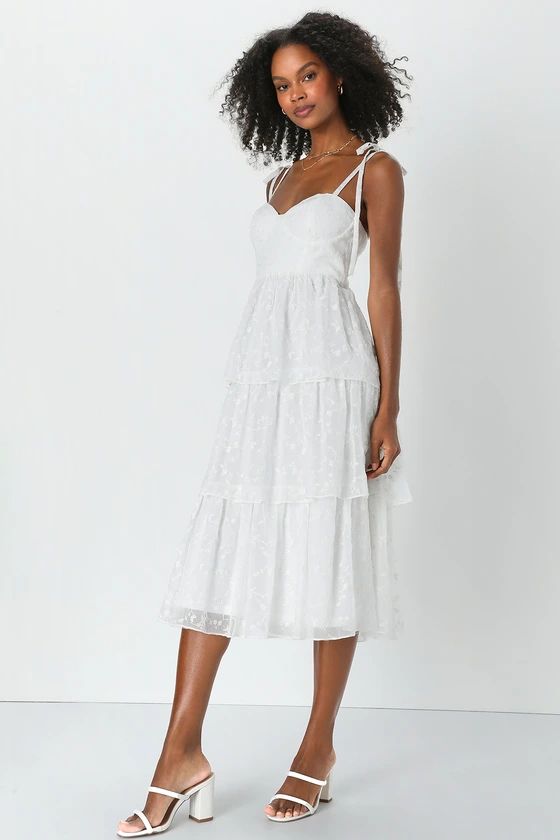 Vineyard Visit White Embroidered Tie-Strap Tiered Midi Dress | Lulus (US)