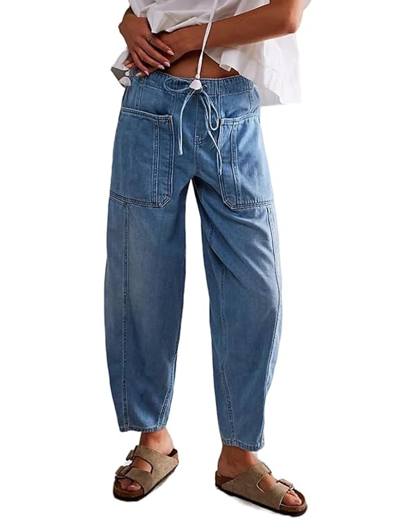 Women Casual Loose Cropped Pants Denim Bloomers Elastic Waist with Pockets | Amazon (US)