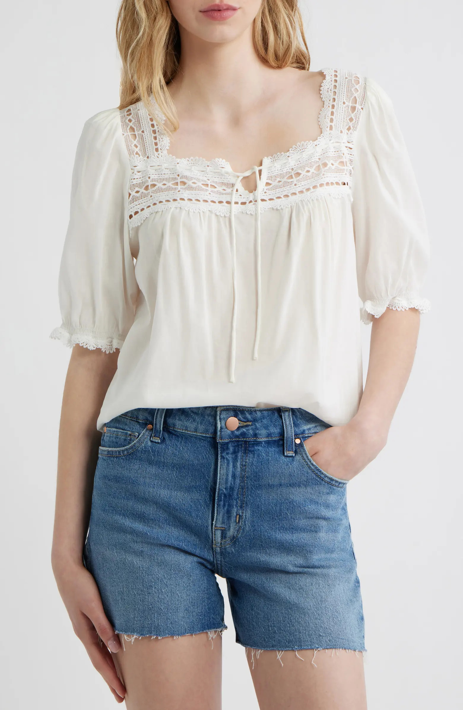 Wildflower Lace Trim Puff Sleeve Organic Cotton Blend Top | Nordstrom
