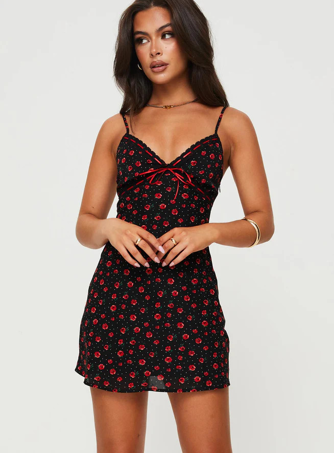 Karena Mini Dress Black / Red Floral | Princess Polly US