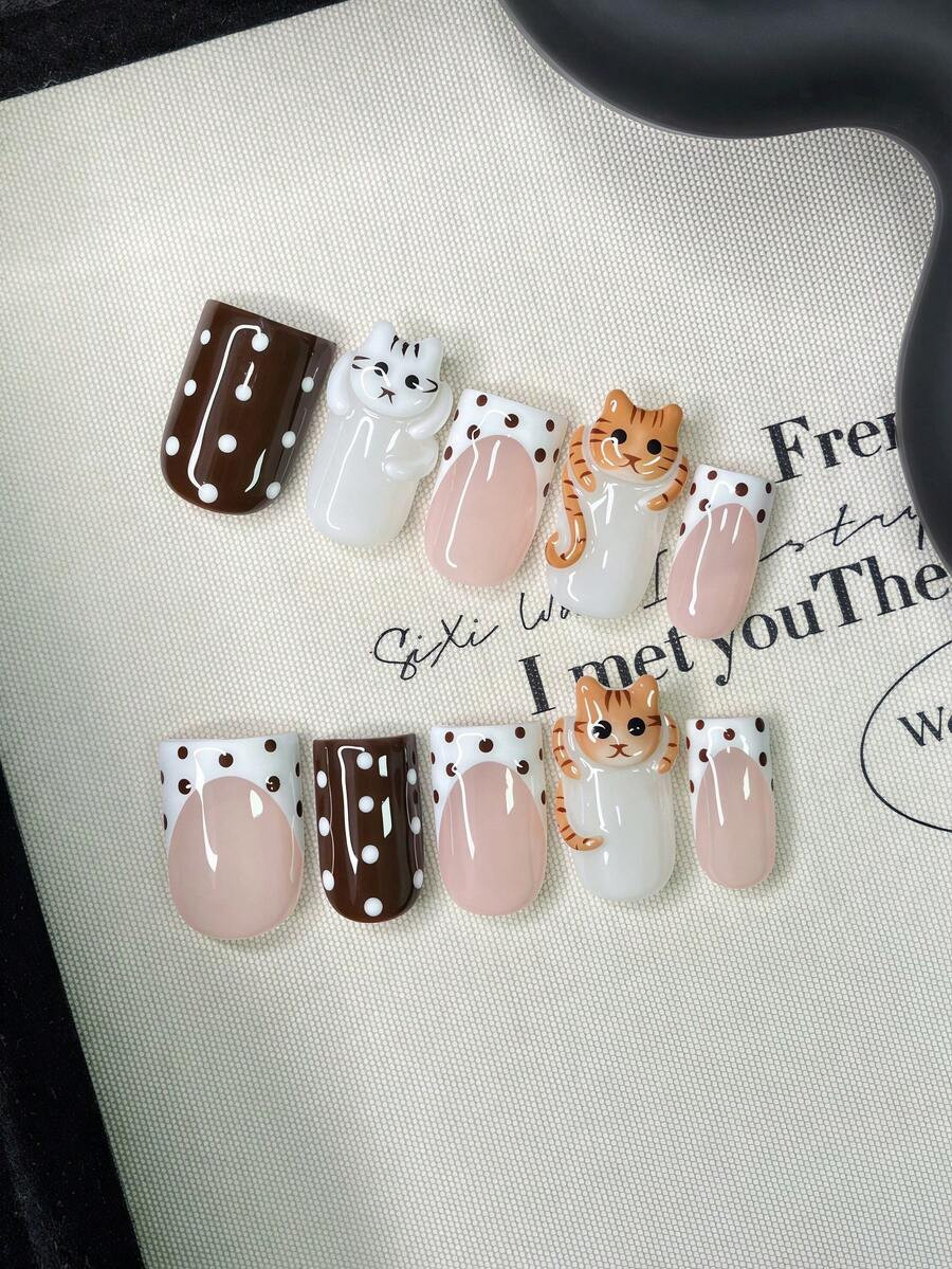10pcs/Set Y2K Nails Handmade, Cute Nails, Pink Nails, Brown Nails, 3D Kitten Pattern Nails & Brow... | SHEIN