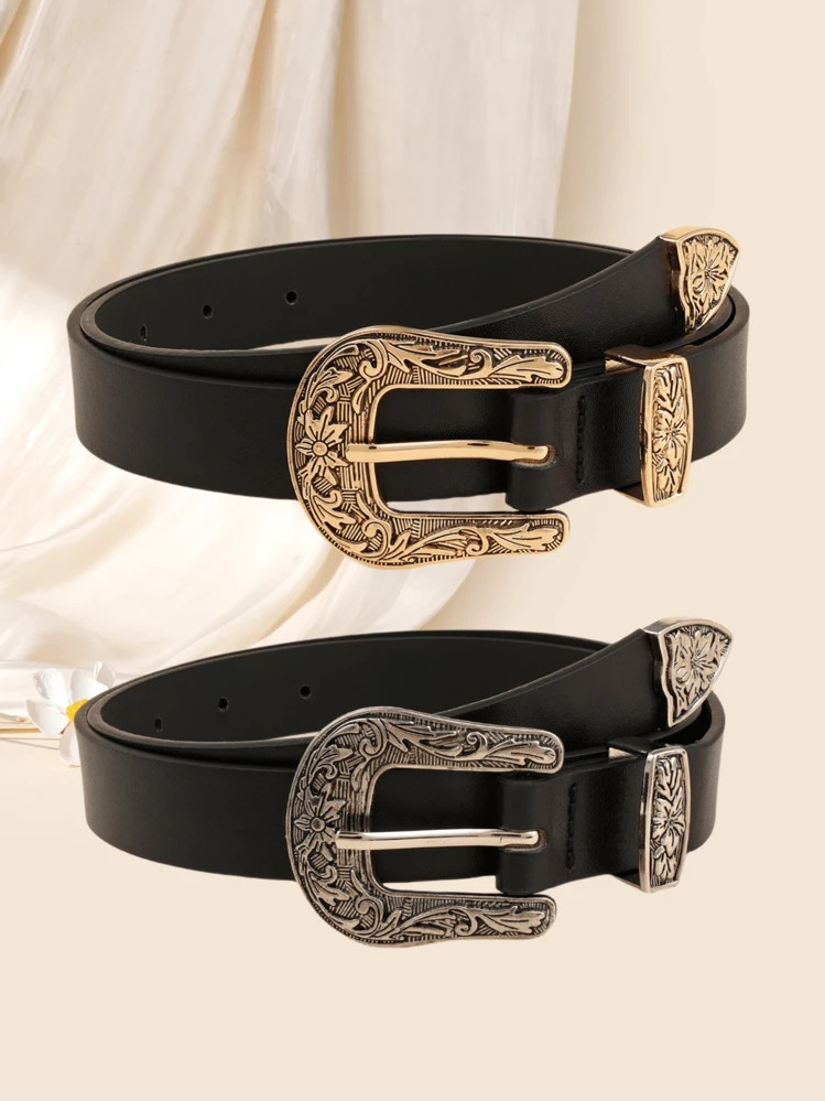 (2pcs/Set) Western Style Buckle Belt Women's Fashionable Versatile Decorative Waistband Summer, School Fall, Autumn, Halloween | SHEIN